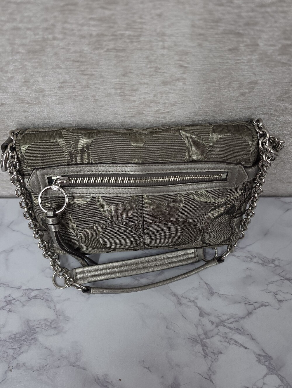 Coach Signature Canvas Jacquard Shoulder Bag in Metallic Pewter Chain Straps - Picture 9 of 16